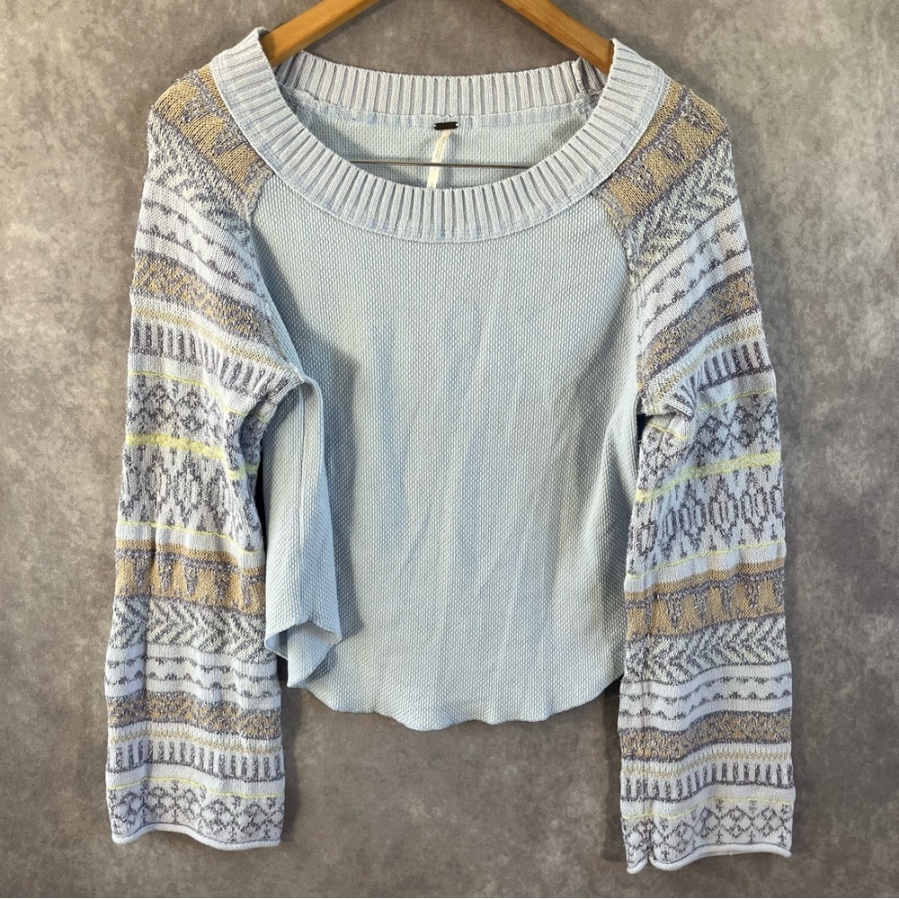 Free People Thermal Top Women Small Blue Fair Isle Sleeve Waffle Knit Scoop Neck